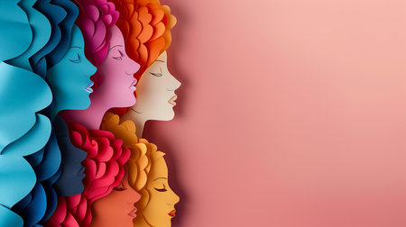 Colorful women's heads on pink background. 3D illustration.の素材