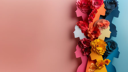 3d illustration of female face made of paper flowers over pink backgroundの素材