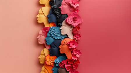 Creative background with female heads made of paper flowers. 3D Renderingの素材