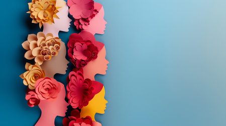 3d illustration of female face made of paper flowers on blue backgroundの素材