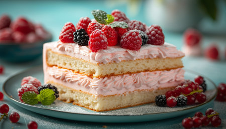 Piece of cake with raspberries, blackberries and currantsの素材