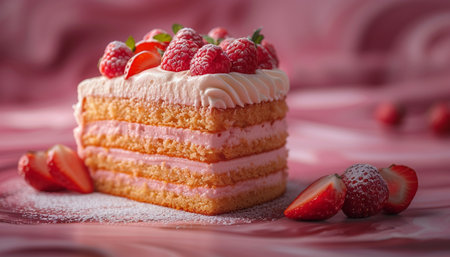Piece of cake with fresh berries on pink background, closeupの素材