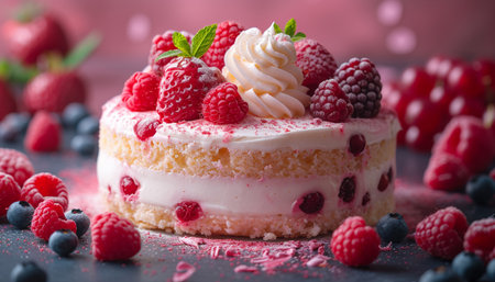 Cake with raspberries and blueberries on a dark backgroundの素材