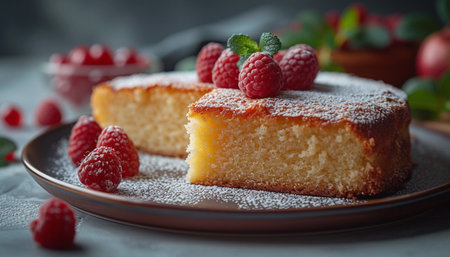 Cheesecake with raspberries and powdered sugar on a plateの素材