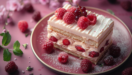 Cake with raspberries and whipped cream on a pink backgroundの素材
