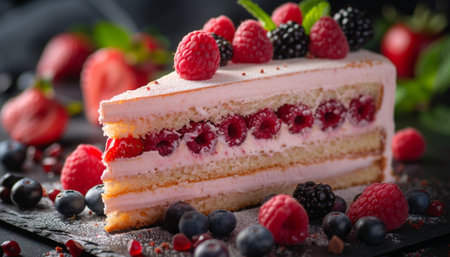 Piece of cake with raspberries, blackberries and blueberriesの素材