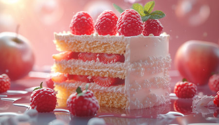 Piece of cake with raspberries and strawberries on a white backgroundの素材