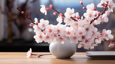 Cherry blossoms in vase on wooden table, closeupの素材