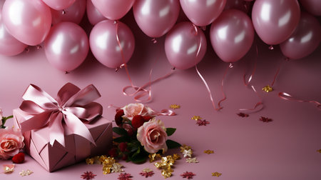 Valentine's day background with gift box and pink balloons. 3d renderingの素材