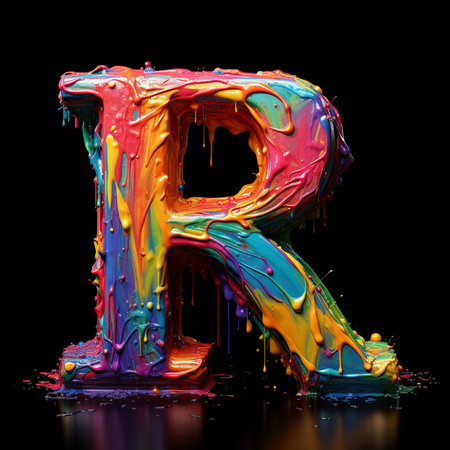 Rainbow paint letter R uppercase. 3D render isolated on black backgroundの素材