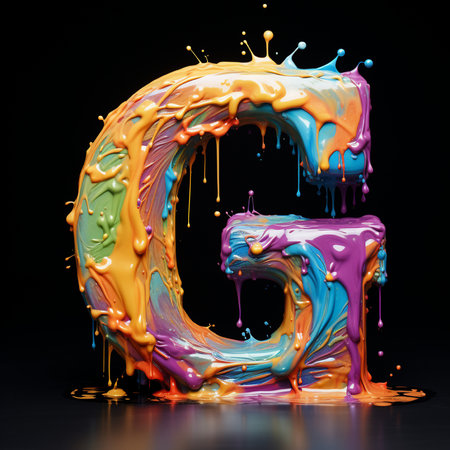 Colorful paint splash alphabet letter G on black background. 3d renderingの素材