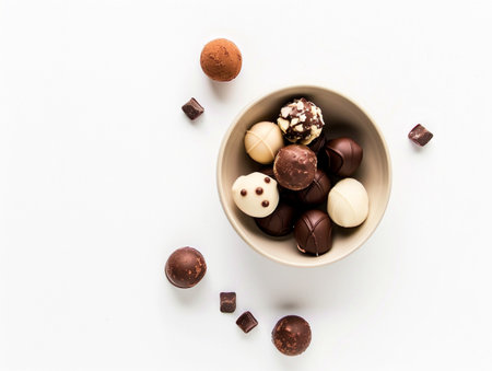 Assorted chocolate candies in bowl on white background, top viewの素材