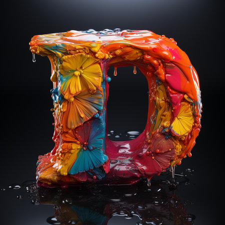 Letter D uppercase. Liquid alphabet made of colorful splashes on black backgroundの素材