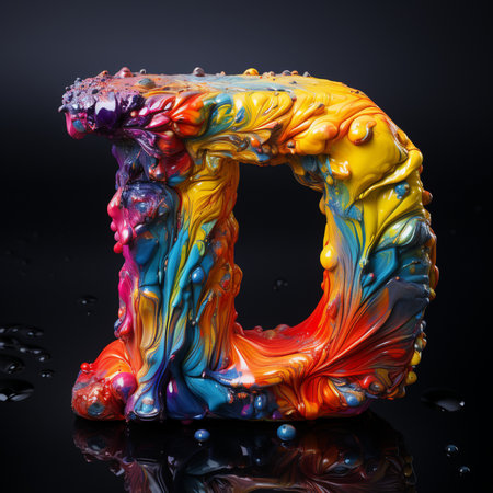 Letter D uppercase. Colorful liquid alphabet on black backgroundの素材