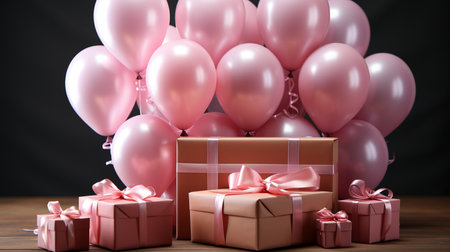 Gift boxes and pink balloons on wooden table, on black backgroundの素材