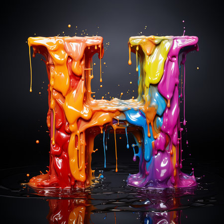Colorful paint splash alphabet H on black background. 3d renderingの素材