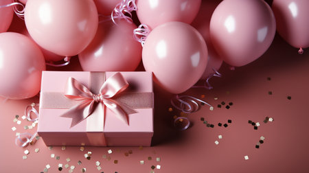 Gift box with pink bow and pink balloons on pink background.の素材