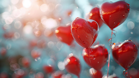 Red heart-shaped balloons on bokeh background. Valentines dayの素材