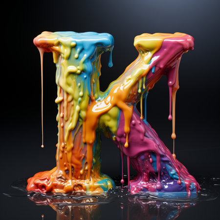 Colorful paint dripping on black background, letter K. 3d renderingの素材