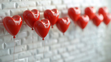 Red heart-shaped balloons on white brick wall, closeup viewの素材