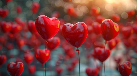 Red heart-shaped balloons in the garden. Valentine's day concept.の素材