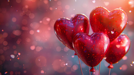 Red heart shaped balloons on red bokeh background. Valentine's day concept.の素材