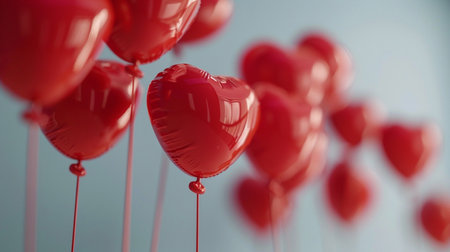 Red heart shaped balloons on blue background. Valentines Day concept.の素材