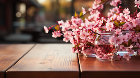 Cherry blossoms in vase on wooden table in cafe.の素材