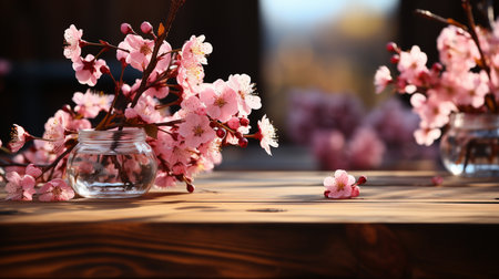 Beautiful blooming branches of sakura in vase on wooden tableの素材