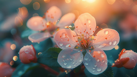 Beautiful pink flowers of cherry blossoms with dew drops.の素材