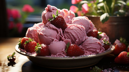 Strawberry ice cream with fresh strawberries in a bowl on a wooden tableの素材