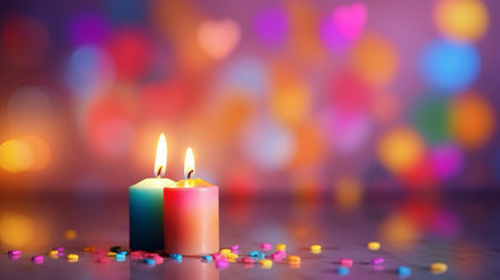Candle with colorful confetti on bokeh background, closeupの素材