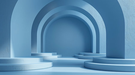 Abstract blue background with podiums and arch, 3d render illustrationの素材