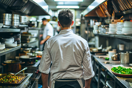 Chef preparing food in the kitchen of a restaurant or hotel.の素材