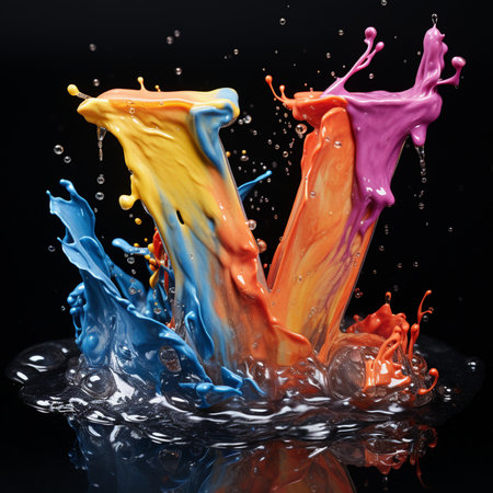 Colorful paint splashes isolated on black background. 3d renderingの素材