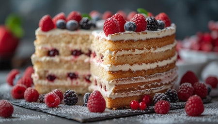 Piece of cake with raspberries, blueberries and blackberriesの素材