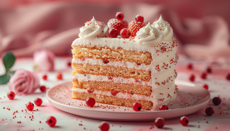 Delicious cake with berries on plate on pink background, closeupの素材