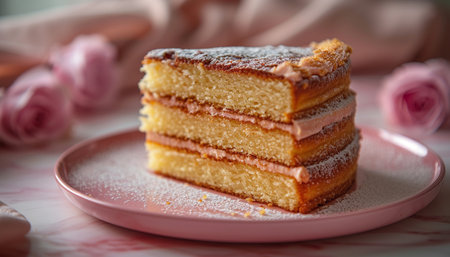 Piece of cake with icing sugar on pink plate, closeupの素材