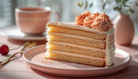 Slice of cake with cream and cup of tea on the tableの素材