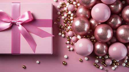 Pink gift box with pink ribbon and pearls on pink background.の素材