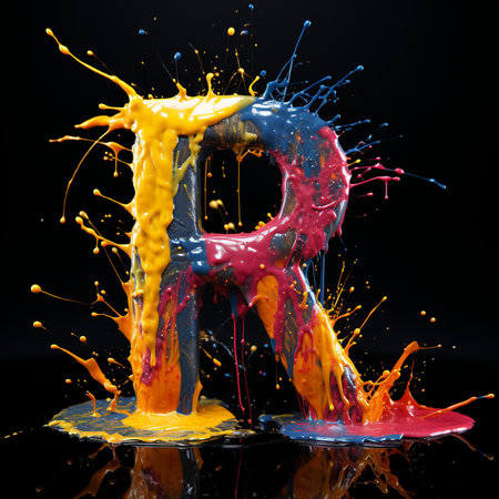 Colorful paint splashes alphabet R on black background. 3d renderingの素材
