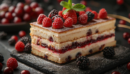 Delicious tiramisu cake with berries on table, closeupの素材