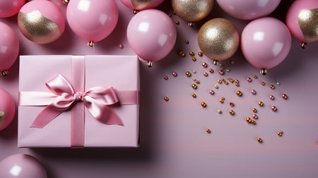 Pink gift box with golden bow and pink balloons on purple background.の素材