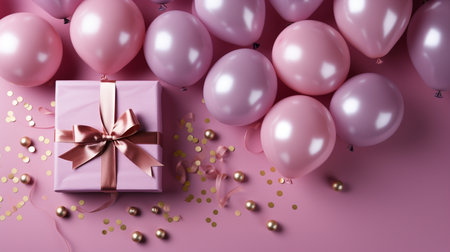 Gift box with pink balloons and confetti on a pink backgroundの素材