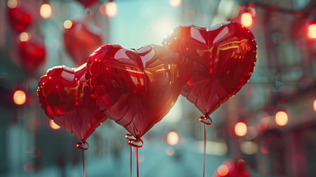 Valentines day background with red heart shaped balloons in the cityの素材