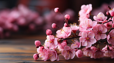 Beautiful blossoming branches on wooden table, closeup. Space for textの素材