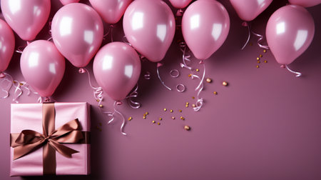 Gift box with pink balloons and confetti on pink background.の素材
