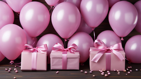 Gift boxes with pink ribbons and balloons on a wooden backgroundの素材