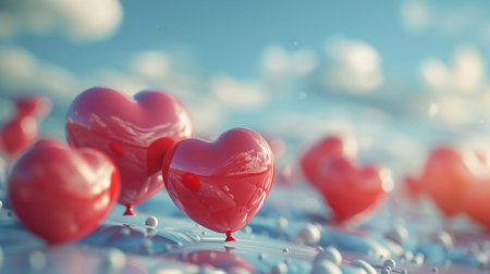 Valentines day background with red hearts. 3D rendering.の素材