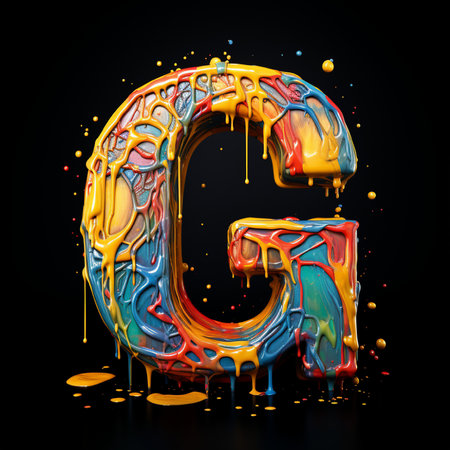 Fluid paint colorful font Letter G uppercase. 3D render isolated on black backgroundの素材